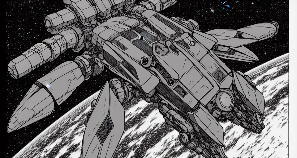 Image similar to a large mecha space ship in space, desaturated, moebius, complementing colors, maschinen krieger, dim lights, film