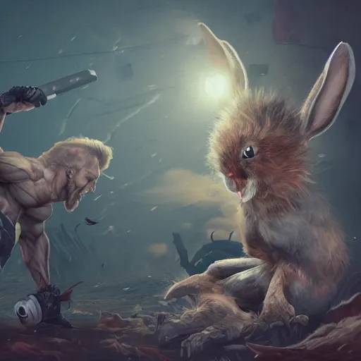 Prompt: extremely muscular humanoid bunny fighting frail bird in hell, highly detailed, digital art, trending on artstation,