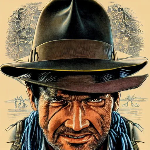 Image similar to portrait closeup of crazy indiana jones, symmetrical, by yoichi hatakenaka, masamune shirow, josan gonzales and dan mumford, ayami kojima, takato yamamoto, barclay shaw, karol bak, yukito kishiro