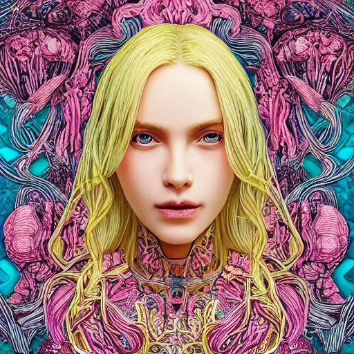 Image similar to a portrait of an incredibly beautiful, graceful, elegant, and sophisticated young blonde girl made of garlic, an ultrafine detailed illustration by james jean, intricate linework, bright colors, final fantasy, behance contest winner, vanitas, angular, altermodern, unreal engine 5 highly rendered, global illumination, radiant light, detailed and intricate environment