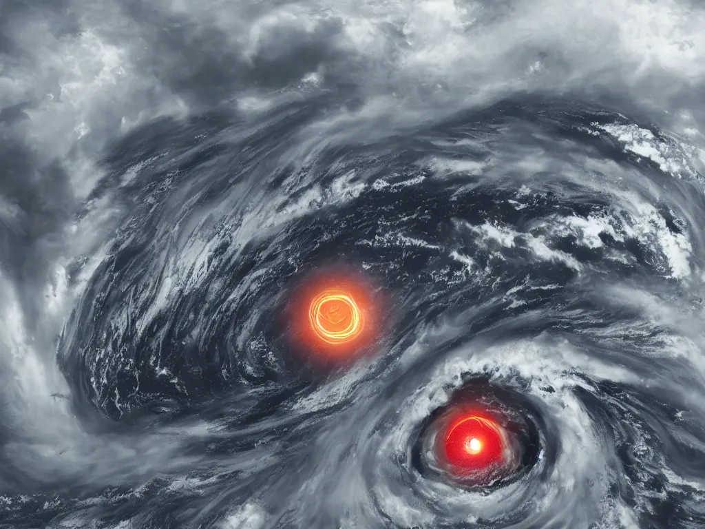 Image similar to the eye of sauron in the middle of a hurricane seen from space, digital painting, trending on artstation, deviantart, 8k, epic composition, intrinsic details, perfect coherence