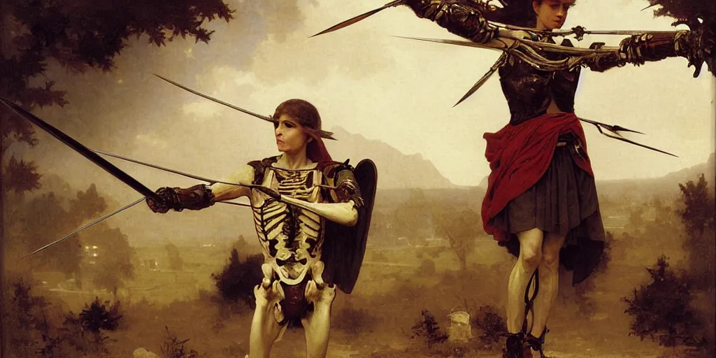 Image similar to portrait of a skeleton archer with big sword, wearing helmets and armor with wings, symmetrical, solemn, sacred, aura, by bouguereau