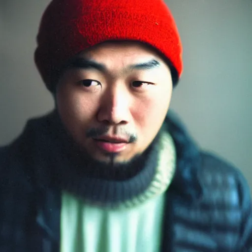 Prompt: photo of asian man wearing a beanie, cinestill, 8 0 0 t, 3 5 mm, full - hd