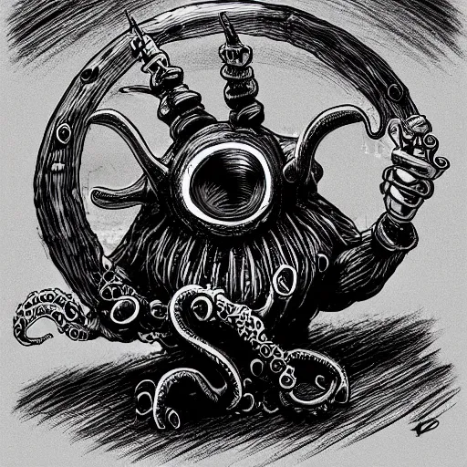 Prompt: Orb monster with many ears, no eyes, tentacles holding guns, D&D, high quality, trending on artlist