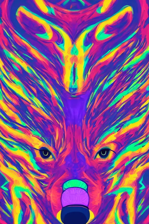 Prompt: Portrait of a wolf head. Psychedelic, acid trip, Geometrical, symmetrical, brutalist, cement, psychedelic colors, trending on artstation