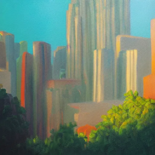 Image similar to dense city canyon emerald light oil painting