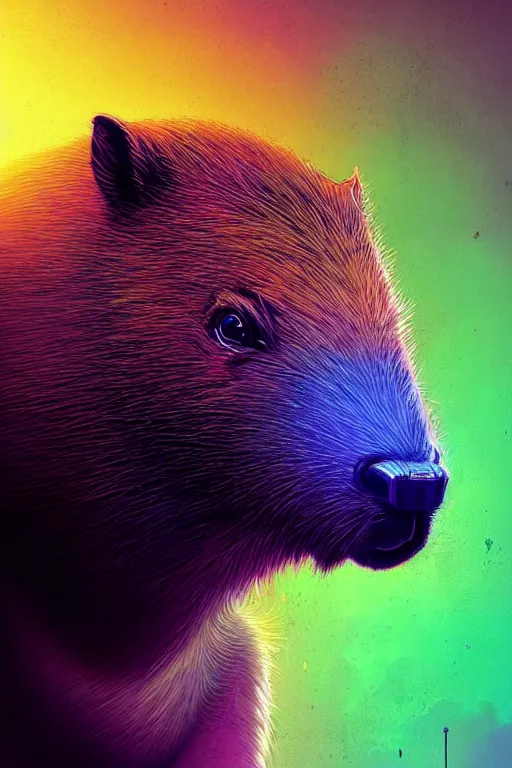 Image similar to a beautiful portrait of a cute cyberpunk capybara by sandra chevrier and greg rutkowski and wlop, purple blue color scheme, high key lighting, volumetric light, digital art, highly detailed, fine detail, intricate, ornate, complex, octane render, unreal engine, photorealistic