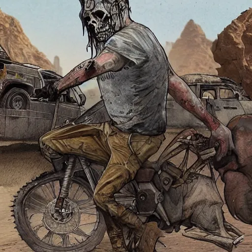 Image similar to a sketch of a decomposing zombie in a post - apocalyptic desert, gta 5 cover art style, the desert is in watercolor, elephant skull, pencil, intermediate art, paper art, pencil, bold lines, humans with apocalypse clothes on in the background, by an gta 5 loading screen artist