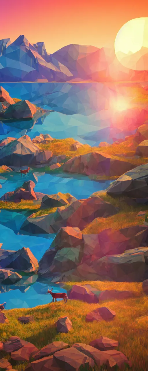 Image similar to super detailed color lowpoly art, northern sunset with rocks on front, lake in the middle of perspective and mountains at background, graphic reindeers in random points, unreal engine, retrowave color palette, 3 d render, lowpoly, colorful, digital art