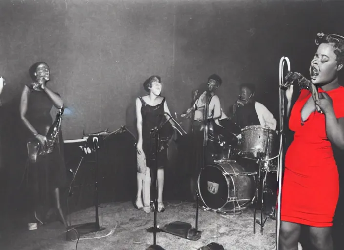 Prompt: a close up photograph of a black female singer, in a red dress, on stage, with her band, 1 9 3 0 s jazz club, smoke, color photograph - filled room