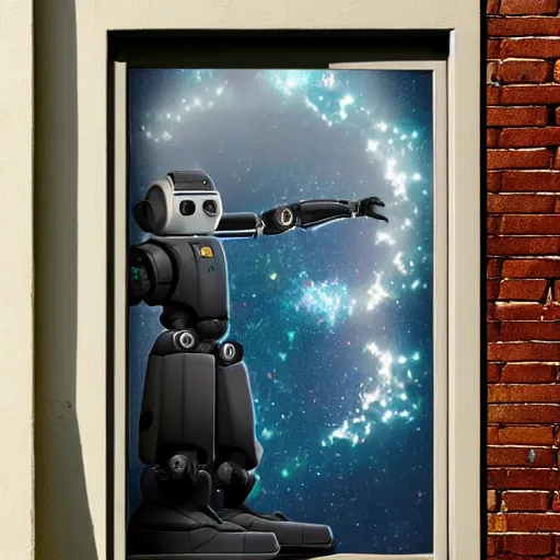 Prompt: a door to a window that allows you to see the cosmos, informative content trending on artstation. be. love that robot arm, laser printer, trending on artstation, full - length portrait of a marina fros castilian marble