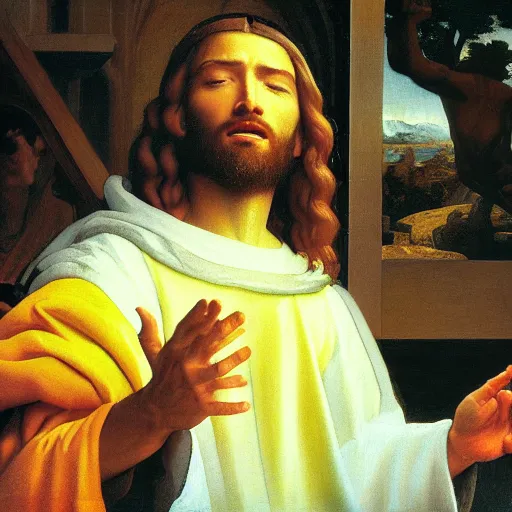 Prompt: Jesus Blessing the disciples, epic, heavenly, by Ted Nasmith, by ansel adams, by Bob Ross, by johannes Vermeer