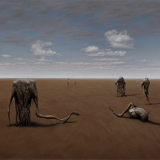 Prompt: a hyperrealistic painting of creatures emerging from the sand in a vast desert, blue skies, swirling clouds, by john kenn mortensen and zdzislaw beksinski, highly detailed, vivid color,