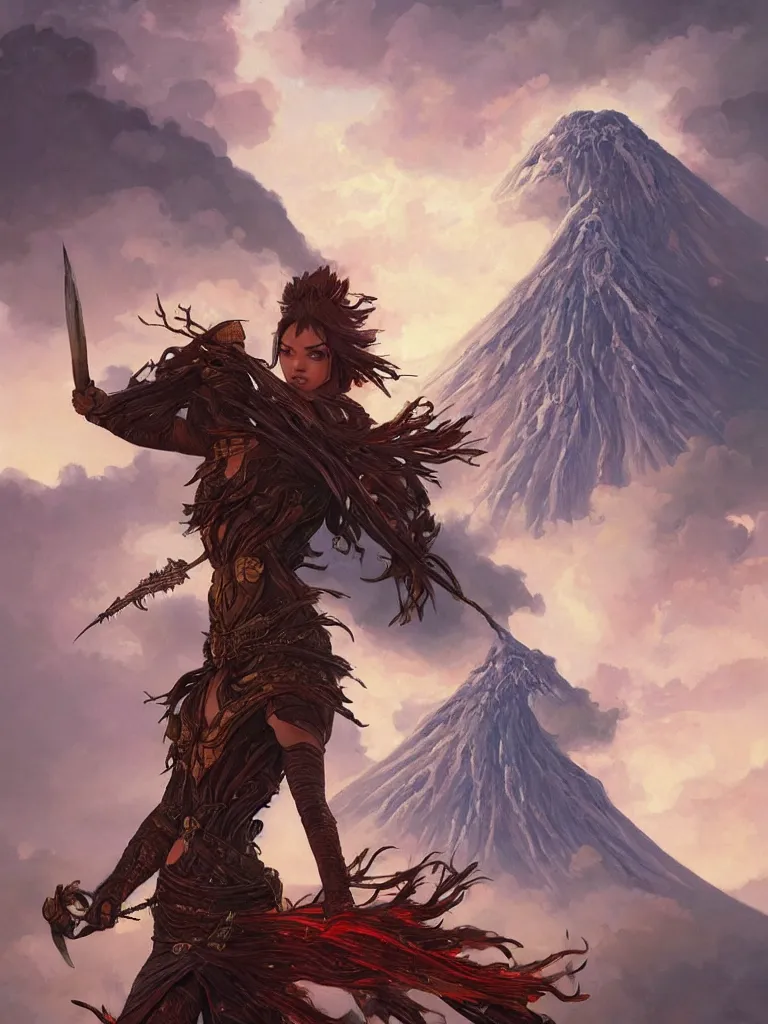 Image similar to An epic fantasy portrait painting of a spider-legged warrior woman with hair spikes standing in front of a volcano eruption, illustration, detailed, award-winning, trending on artstation, by artgerm and Greg Rutkowski and Alphonse Mucha