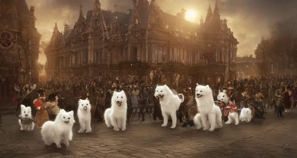 Image similar to the great victorian samoyed parade, beautiful, soft lighting, artstation, storybook,