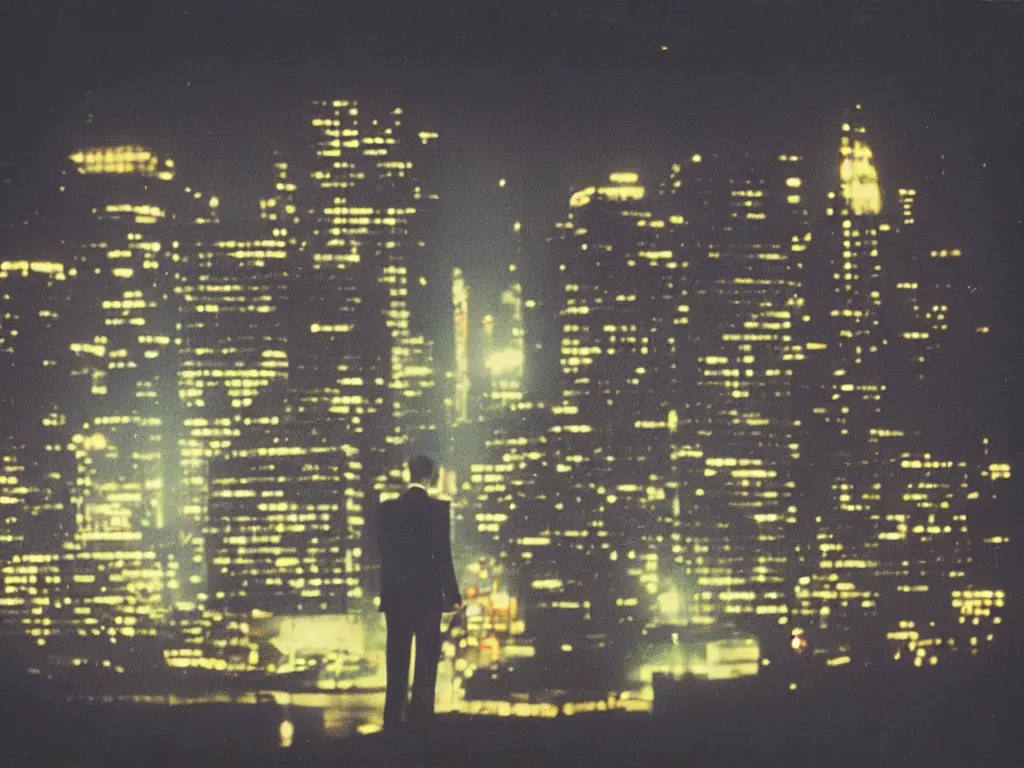 Prompt: 8 0 s polaroid photo, cinema still, man in suit smoking on the bridge at night with skyscrapers in the background, yellow haze, americana, 8 k resolution, hyperrealistic, photorealistic, high definition, high details, tehnicolor, award - winning photography, masterpiece, amazing colors