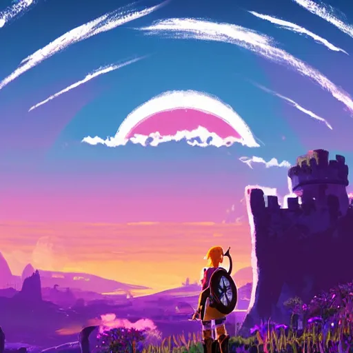 Prompt: Magical purple portal, castle ruins in background, sunset, glowing sun, miss, style of breath of the wild, studio ghibli