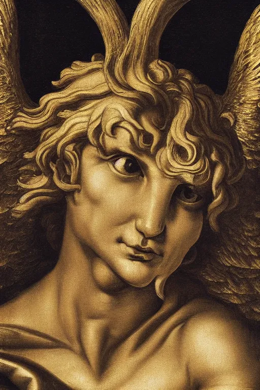 Prompt: fallen angel Lucifer, angry face, closeup, ultra detailed, made in gold, Guido Reni style