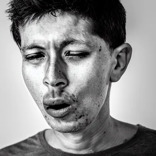 Prompt: black and white photo of a man without mouth, 4K