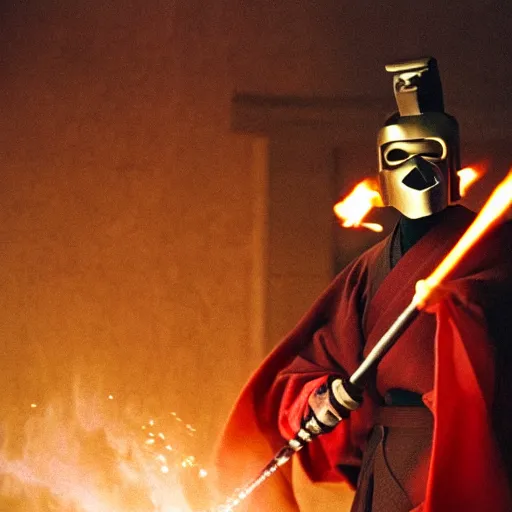 Image similar to cinematic film still MF Doom starring as a Samurai holding fire, Japanese CGI, VFX, 2003, 40mm lens, shallow depth of field,film photography