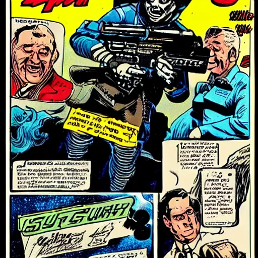 Image similar to space opera gunfight, in the style of feldstein, johnny craig, wally wood, and jack davis - - ar 1 6 : 9 subbed out gunfight for : slugfest, shootout, warzone,