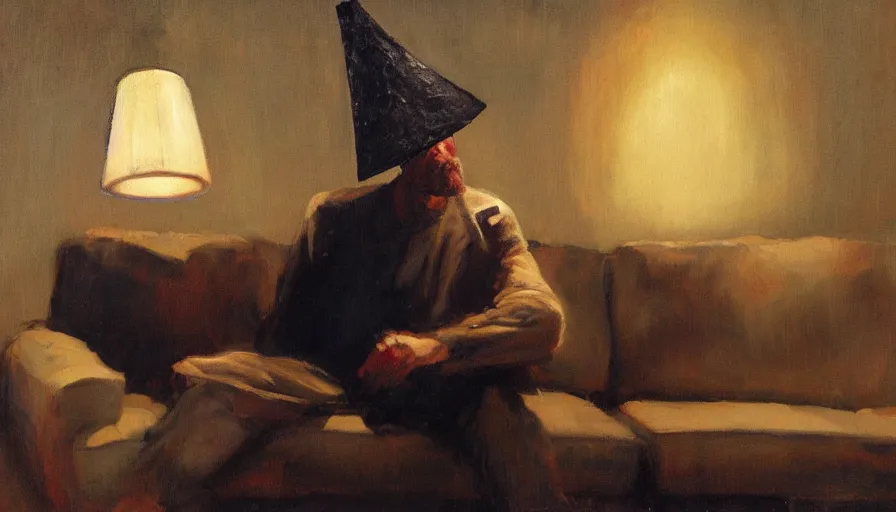 Image similar to a man with a lampshade on his head sitting on a sofa in a dark living room, painted by phil hale and rick berry