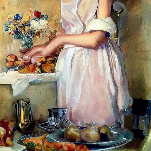 Image similar to young blonde wife making breakfast for her husband, painting by Vladimir Volegov,