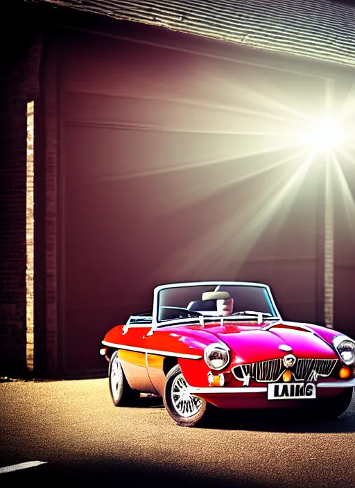 Image similar to car show, many ( mgb ( vehicle ) ) sharpfocus, photorealism, soft diffuse autumn lights, some sun light ray, dark room wall, canon 5 d 5 0 mm lens, isometric