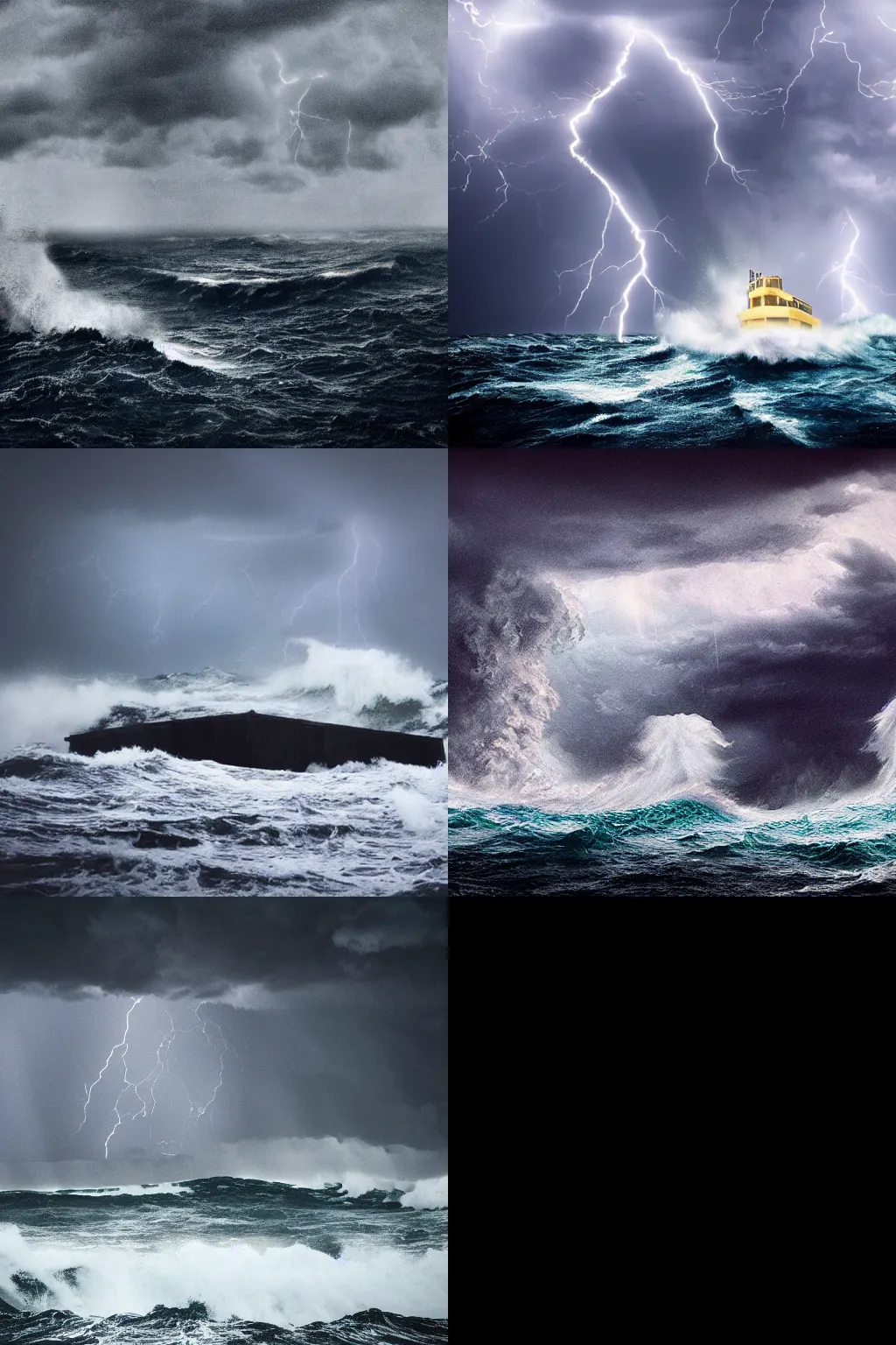 Prompt: Photo of Noah's Ark in the middle of the ocean, stormy, dark, rain, huge waves, lightning, epic, cinematic