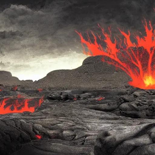 Image similar to wide open landscape in hell, river styx, lava, ruins, fortresses, dark sky, hellscape, digital art