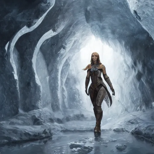 Image similar to eleanor tomlinson in steel armor in the ice cave. greg rutkowski. boris vallejo. 3 8 4 0 x 2 1 6 0