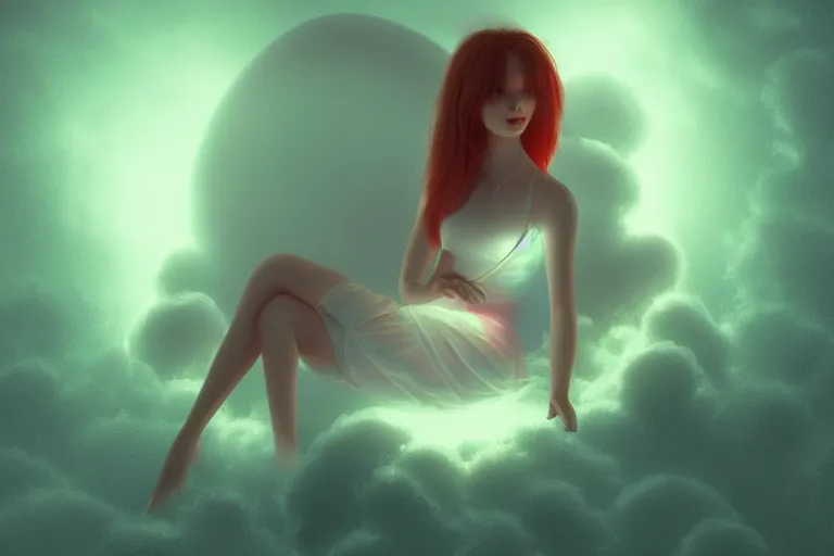 Image similar to a cute alien girl sitting on a cloud relaxing, misty, glows, digital art, hazy, foggy, red lighting, ambient lighting, 8 k,