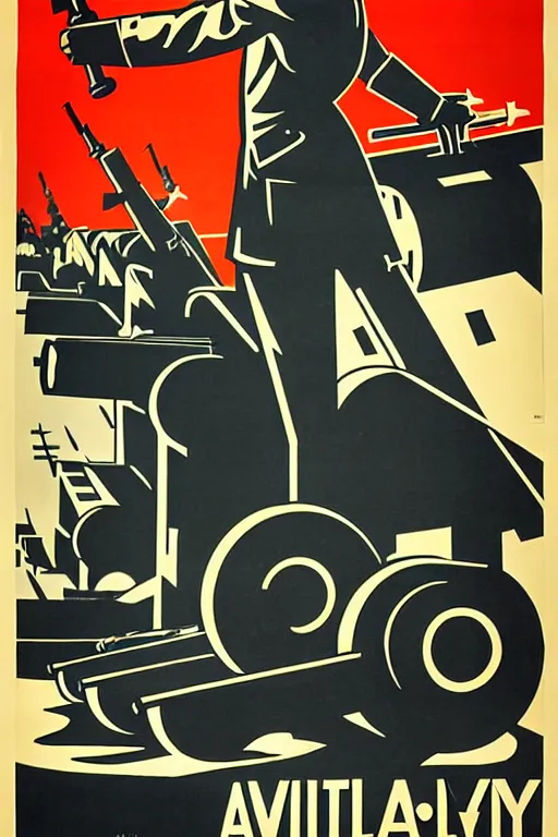 Prompt: fictional propaganda poster showing a man pointing to the left with artillery cannons behind him, artillery battery, highly stylized, high contrast, limited palette, 1 9 2 0 s