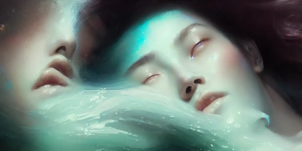 Image similar to close up face portrait of a beautiful woman laying down inside a sentetic fluid, dim light, extremely detailed digital painting, in the style of fenghua zhong and ruan jia and jeremy lipking and peter mohrbacher, mystical colors, rim light, beautiful lighting, 8 k, stunning scene, raytracing, octane, trending on artstation