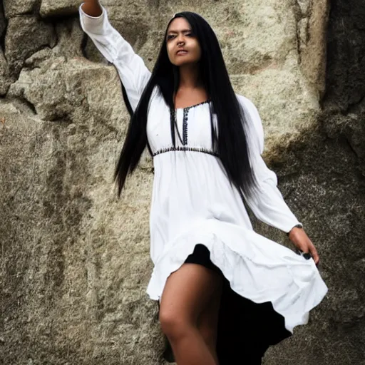 Image similar to young iraqui woman with long black straight hair, white dress