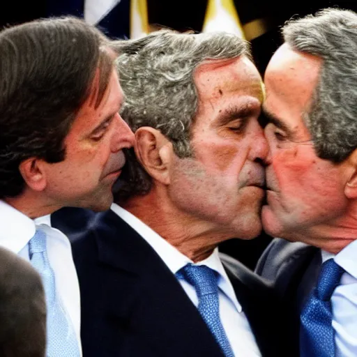 Prompt: nestor kirchner having a deep long sloppy kiss with george bush