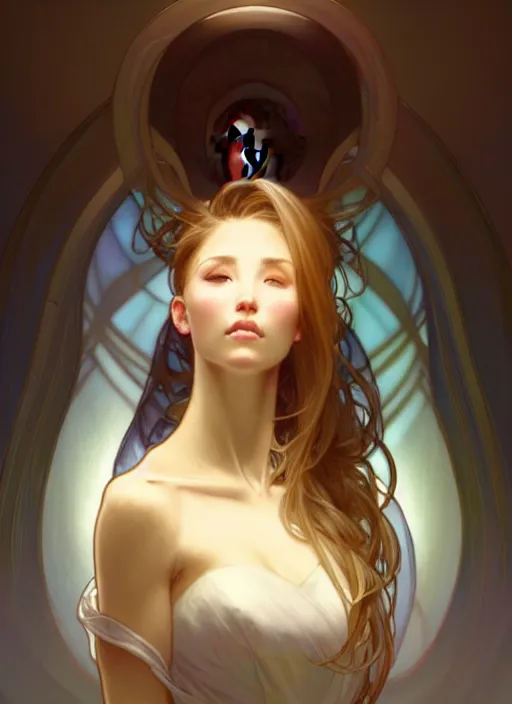 Image similar to digital character concept art by artgerm and greg rutkowski and alphonse mucha. clear portrait of a modern young wife blessed by god to unstoppably grow more perfect and fertile!! blonde, in clothes! feminine well - formed holy body!! light effect. hyper detailed, glowing lights!! intricate, elegant, digital painting, artstation, smooth, sharp focus