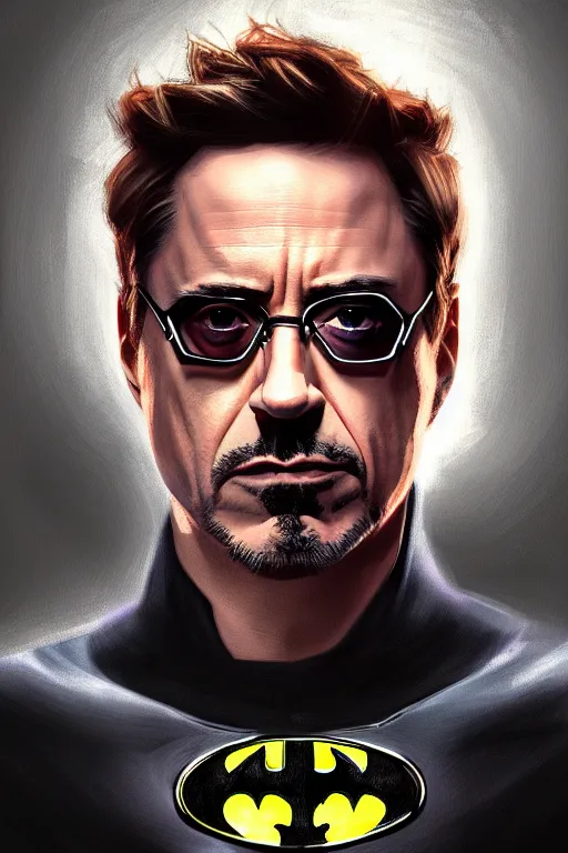 Image similar to robert downey jr as batman, portrait,, highly detailed, digital painting, artstation, concept art, smooth, sharp focus, illustration, cinematic lighting,