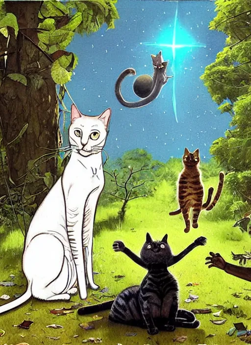 Image similar to a hyper realistic cat meeting an alien. and sunbeams blue sky, lush forest foliage painting by chiara bautista and norman rockwell and greg rutkowski weta studio, and lucasfilm