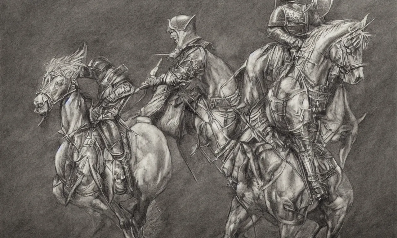 Image similar to a beautiful painting of a medieval soldier on a horse by frank godwin and moebius charcoal on paper