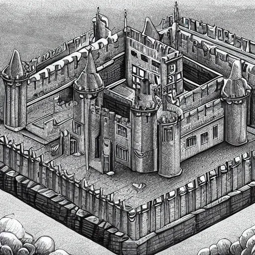 Image similar to an isometric view of medieval castle in the middle of england, illustration, art, hyper detailed