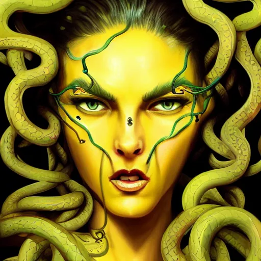 Image similar to medusa portrait painting, vibrtant, colorful, wicked grin, yellow cat eyes, artstation, detailed, blurred background