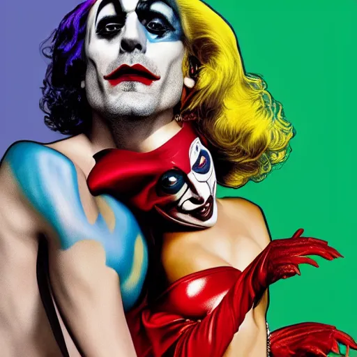 Prompt: richard hamilton and mimmo rottela as lady gaga harley queen and joaquin phoenix joker kissing, pop art, medium long shot, 2 color, random content position, hyper detailed content, dynamic composition, 4 k, ultra realistic art, smooth, sharp focus, illustration, concept art, intricate details, h 7 6 8