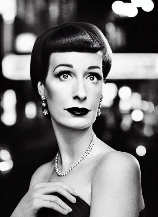 Image similar to a hyper realistic and detailed head portrait photography of a joan holloway of mad men on madison avenue, new york city. by annie leibovitz. noir style. cinematic. neon lights glow in the background. ilford hp 5 4 0 0, canon eos c 3 0 0, ƒ 1. 8, 3 5 mm, 8 k, medium - format print