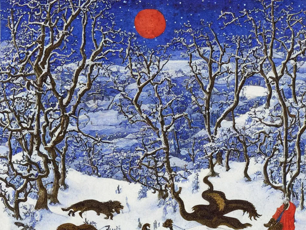 Prompt: winter scene with dragon. painting by limbourg brothers