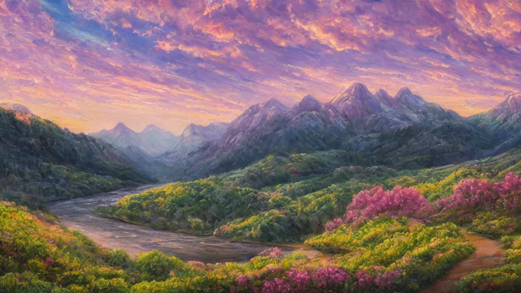 Image similar to The most beautiful panoramic landscape, oil painting, where a giant dreamy waterfall creates a river, it is winding its way through the valley and the trees are starting to bloom in pink colors, the mountains are towering over the valley below their peaks shrouded in mist, the sun is just peeking over the horizon producing an awesome flare and the sky is ablaze with warm colors and stratus clouds, by Greg Rutkowski, aerial view