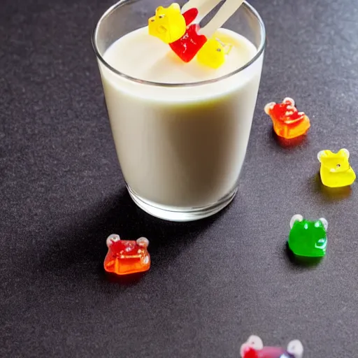 Prompt: Suudsu, skim milk with gummy bears floating in it, Food Network recipe photograph.