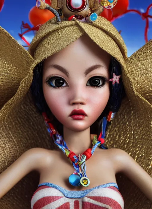 Image similar to closeup profile portrait of tin toy bikini girl surf sand, depth of field, zeiss lens, detailed, symmetrical, centered, fashion photoshoot, by nicoletta ceccoli, mark ryden, lostfish, breathtaking, 8 k resolution, extremely detailed, beautiful, establishing shot, artistic, hyperrealistic, octane render