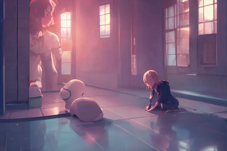 Prompt: girl helping a robot learn to read, scenic full shot, ambient lighting, detailed face, by makoto shinkai, stanley artgerm lau, wlop, rossdraws