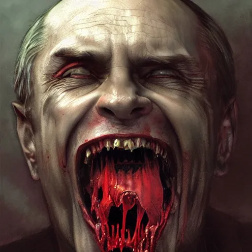 Prompt: vladimir putin, is vampire, vampire fangs, bloody horror, macabre by donato giancola and greg rutkowski and wayne barlow and zdzisław beksinski, realistic face, digital art